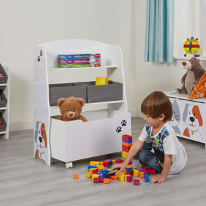 Kinder-Montessori-Holzbücherregal und Spielzeugaufbewahrungseinheit | Rollout-Schublade und Boxen | Hunde- und Katzendesign