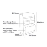 Dimensions de la bibliothèque et du rangement pour jouets en bois : H84 x L63 x P30 cm