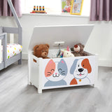 Wooden toy box and seat for storing toys and blankets
