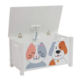 Cat and dog themed white wooden toy box is packed with safety features