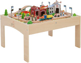 Juego de trenes de madera Montessori | Mesa de tren de madera 2 en 1 | Juego de trenes de 85 piezas.