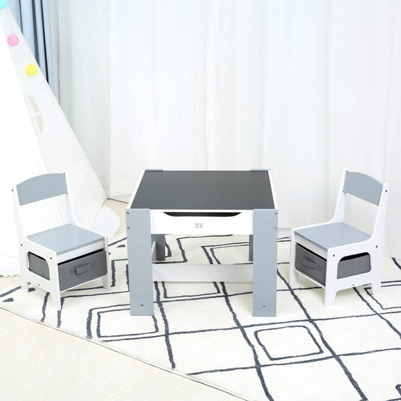 Kids 3-in-1 Table & Chairs | Reversible Top | Blackboard | Whiteboard Grey with Storage Drawers