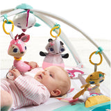 Super cute removable woodland friends hang from the arches in lovely candy colours to keep your little one entertained