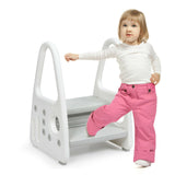 This grey and white chunky plastic step stool comes with non slip pads for added stability