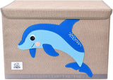Skladací detský box na hračky s preklápacím vekom | Pevné plátno | Dizajn delfínov | 3D nášivka