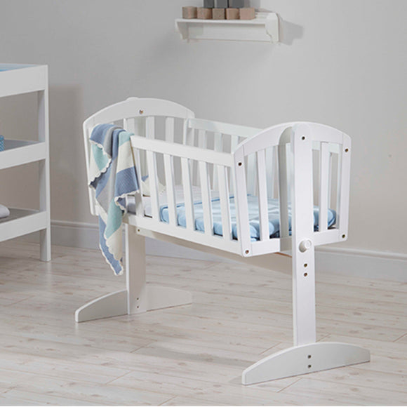 Tidy and elegant finished white wooden crib, perfect for newborn to 6 months.