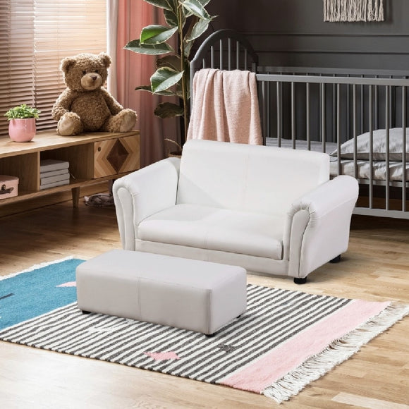 Childrens 2-Seater Mini Set with Large Footstool | White | 3-6 Years.