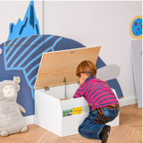 This white toy box with natural coloured lid is a toy box, a seat and has a slot for books - a true Montessori product