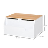 This white kids montessori toy box with natural lid comes with a gas powered slow release hinge to protect little fingers