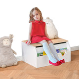 3-in-1-Montessori-Spielzeugkiste, Bücherregal und Sitz mit Kindersicherungsscharnier | Weiß | 58L x 43B x 30H cm