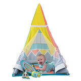 Large mirror and cute animals on the mobile adorn this colourful baby teepee cum baby play mat - something unique.
