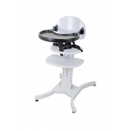 This monochrome white highchair with 14 different height settings grows with you for use from 6 months to 10 years as a chair