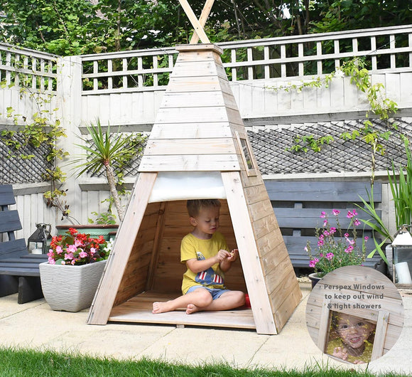 Kids Eco Conscious Strong & Sturdy Teepee | Wooden Playhouse or Den with Door & Windows | 1.55m High
