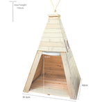 Esta tenda infantil com acabamento em madeira maciça funciona como uma cabana e covil com 1,55 m de altura x quase 1 m de profundidade e largura