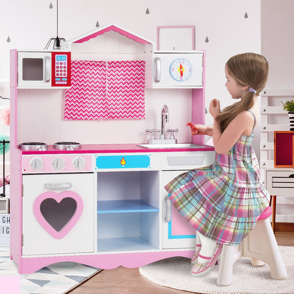 Children's | Kids Large Wooden Toy Kitchen including Playset | Pink | 3-7 Years