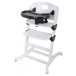 This height adjustable monochromatic white and black wooden highchair has a number of height settings so that it can grow with you child