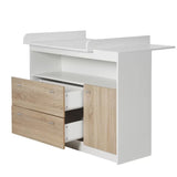 Eco Sonoma Oak Wood Baby Changing Unit | Storage Pockets | Cupboard & 2 Drawers | Removable Topper | White & Oak