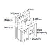 Kids mud kitchen dimenions H95 x W65 x D40cm. Worktop height: 55cm