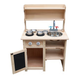 Cuisine pour enfants en terre cuite avec des étagères de rangement pratiques et un bassin en acier inoxydable.