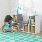 Bibliothèque pour enfants | meuble de rangement pour jouets | coin lecture pour enfants | siège rembourré gris blanc