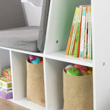 This kids bookcase and reading nook has Spacious design featuring six storage cubes and two top wooden shelves