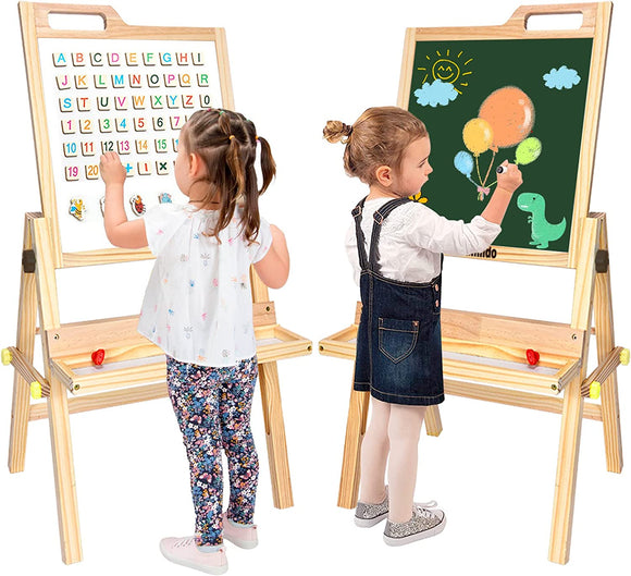 Childrens Natural Eco Wood Height Adjustable Easel | Whiteboard | Blackboard Double Easel