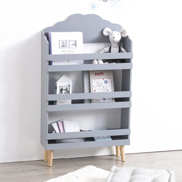 Childrens Wood Montessori 3 Tier Bookcase | Cloud Design  | Grey | 1m High