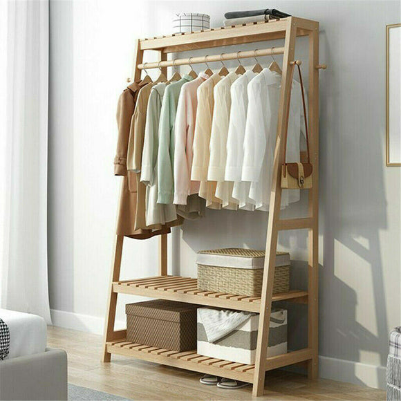 Eco 100% Bamboo Wood |  Freestanding Clothes Rack with 3 Shelves & Side Hooks  | Natural | 1.65m High