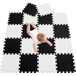 16 Interlocking Montessori Thick Foam Play Mats | Jigsaw Mats for Baby Playpens and Playrooms | Grey, Pink & White
