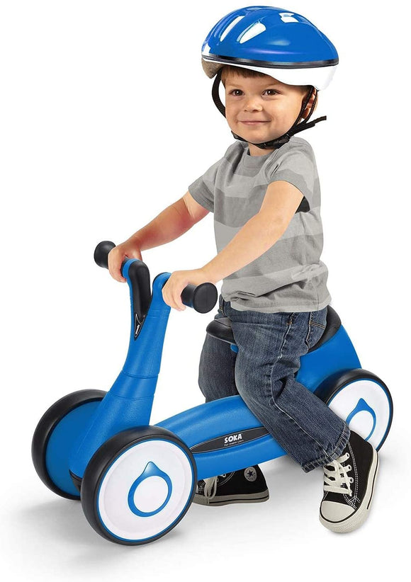 This Solid & Chunky Blue Balance Bike has 4 Wheels & Non Slip Handles, suitable for children aged 12-36m