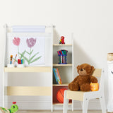 bureau compact pour enfants Montessori 5-en-1 | Chevalet | Bibliothèque à fronde | Bibliothèque | Rangement et tabouret | Blanc | 3 ans+