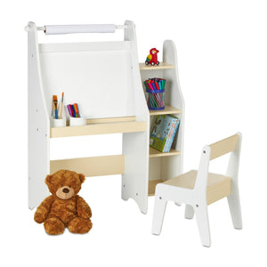 5-in-1 Montessori Compact Kinderbureau | Ezel | Sling-boekenkast | Boekenplank | Opbergruimte & Kruk | Wit | 3 jaar+