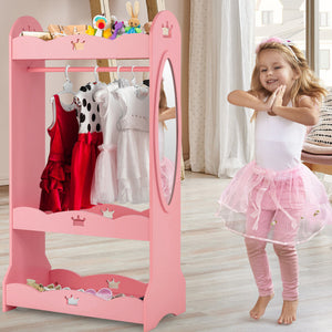 Premium Montessori Dress Up Rail | 3-lags hyller med kurver, speil og skoplass | Rosa | 1,16m 