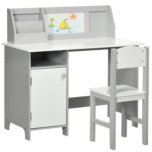 Montessori Homework Desk | Whiteboard | Storage & Chair | White and Grey | 3-8 Years
