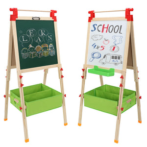 Tableau noir et tableau blanc en bois de pin écologique réglable en hauteur pour enfants avec kit d'accessoires | 3-10 ans