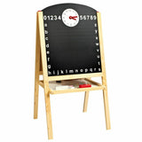 This kids easel includes a clock and printed letters and numbers to aid learning on the blackboard side