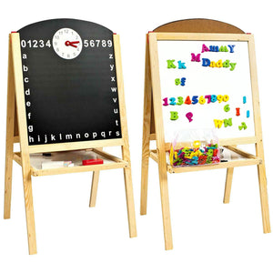 Barn Pine Wood Blackboard & Whiteboard med klocka, kritor & 104st magnetiska bokstäver & siffror Set | 3 år+