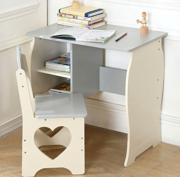 Montessori Children's Homework Desk | Bookshelf | Storage & Stool | Cream & Grey | 3-10 Years