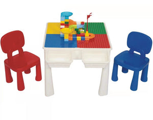 बच्चों के लिए 4-इन-1 बहुउद्देशीय प्लास्टिक लेगो | डुप्लो टेबल | प्रतिवर्ती डेस्क | रेत और जल तालिका | 2 कुर्सियाँ और 100 ब्लॉक