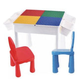 4-i-1 flerbruksplast Lego for barn | Duplo bord | Vendbart skrivebord | Sand & Vannbord | 2 stoler og 100 blokker