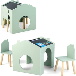 mesa de madera para niños 3 en 1 con soporte para la columna y 2 sillas | Pizarras | Casa | Guarida | Verde pistacho