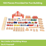 This deluxe montessori train table includes 100 pieces of detailed objects and train track complete with bridge