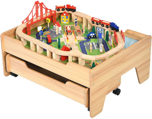 Zestaw drewnianych pociągów Montessori Deluxe | Drewniany stół pociągowy 2 w 1 | Zestaw pociągów 100 elementów