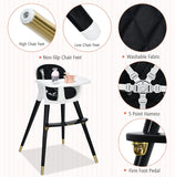 Packed with safety features, this monochrome high chair with gold fixings has 5 point harness, crotch restraint and washable cushion