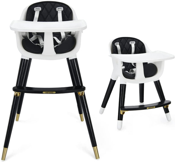 4-in-1 Deluxe Wooden High Chair & Tray with Gold Finishes  | Low Chair | Black Padded Cushion | 5 Point Harness | 6m - 3 Years