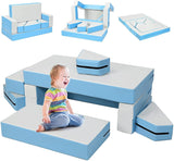 Equipo de juego suave Montessori 4 en 1 | Juego de espuma de 8 piezas | Cama, sofá y mesa | Azules | 12m+