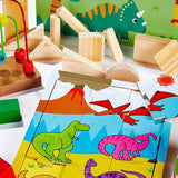 This wooden toy includes a learning clock, shape sorter, alphabet and building blocks, a mini bead runner and a wooden jigsaw