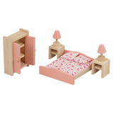 muebles de casa de muñecas montessori de 6 piezas para el dormitorio principal en madera ecológica.