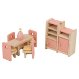 muebles de casa de muñecas montessori de 7 piezas para el comedor en madera ecológica.