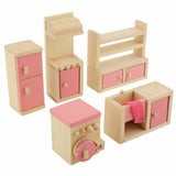 móveis de casa de bonecas montessori de 5 peças para cozinha em madeira ecológica